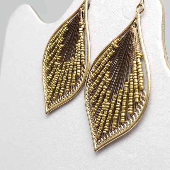 Gold Brown Beaded Teardrop Earrings With Metal Frame Vintage - Picture 3 of 4